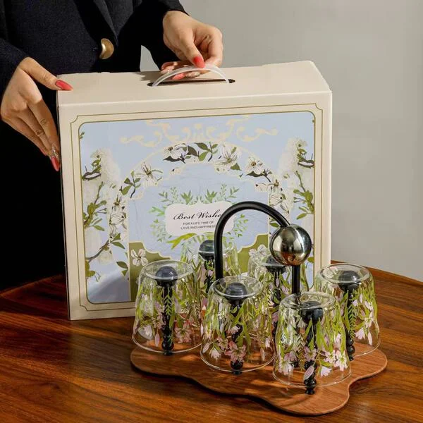 Retro lily water cup set-6 cups + plum blossom storage rack [exclusive gift box]
